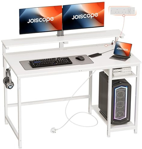 JOISCOPE Computer Desk, 120cm Small With Power Outlets, USB & Type-C and Shelves, White With Tabletop PC Stand and Hooks, for Work Play Study Bedroom Home Office