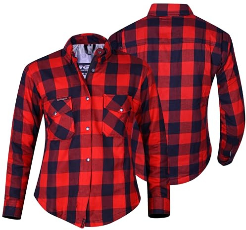 Bikers Gear Veste de moto – Chemise de moto en Kevlar pour femme 280 g/m² Dupont Kevlar Aramide avec protection CE, Rouge Chk, 44