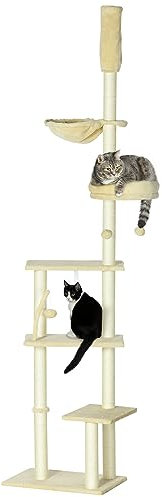 PawHut Arbre à griffer pour Chat du Sol au Plafond 230-250 cm Hauteur réglable Arbre à griffer pour Chat Plates-Formes Multiples Paniers Hamac Suspension Boules Beige