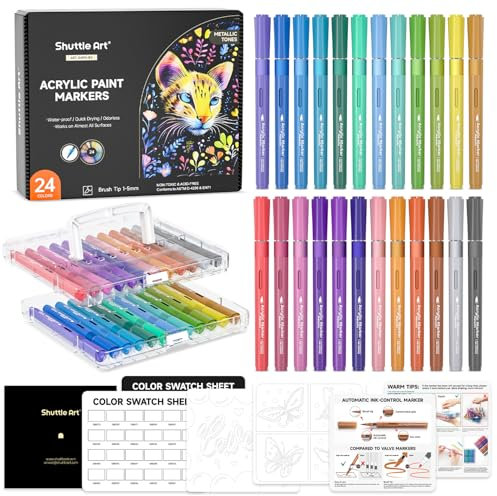 Shuttle Art 24 Metallic Acrylstifte für Steine wasserfest, Steine bemalen Stifte Set mit automatischer Tintensteuerung, Acrylmarker mit Pinsel Spitze, Acryl Stifte für holz, Ostereier