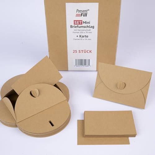 PresentFill® 25 Mini Briefumschläge mit Karten – Natur Braun – Kleine Umschläge Mini mit Herz Verschluss und Blanko Karten aus 100% Recycling Kraftpapier zum Selbst gestalten und beschriften