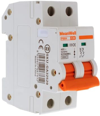 MeanWell Interruttore Magnetotermico Curva C 10000A, MCB 2P C20 20A 220V, 2 Poli Occupa 2 Moduli Barra DIN