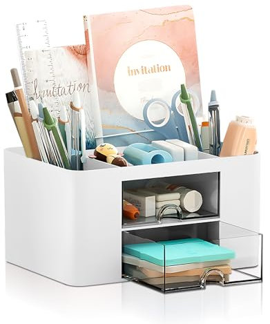 Lenfuos Schreibtisch Organizer mit 2 Schubladen, 360 Grad drehbarer Büro-Organizer Stifthalter, 5 Sortierfächer für Stifte, Hefter, Haftnotizen, Platzsparendes Desk Organizer (Weiß Quadrat)