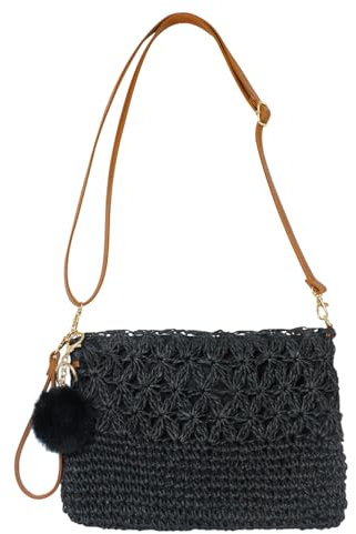 Aovtero Sac à bandoulière en paille tissé pour femme - Sac à main de plage - Fermeture éclair, noir