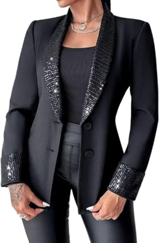 Goolecrimp Damen Frühling Pailletten Blazer Business Büro Lässig Langarm Glänzend Pailletten Spleißen Elegante Einfarbig Kleine Blazer Jacke