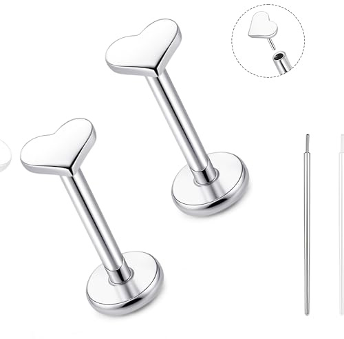 limerencia Titan Fadenlose Flache Rücken Ohrring Stud, 20G Press Fit Titan Push Pop in Knorpel Tragus Labret Lippe Medusa Muschel Körper Piercing Schmuck Hypoallergen für Damen Herren (Herz Silber)