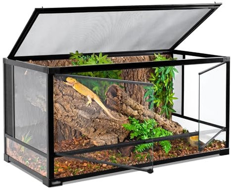 Terrario de cristal para reptiles con ventilación de pantalla superior, tapa antiescape, vista de 360°, entradas de alambre integradas para tortugas, lagartos, camaleones