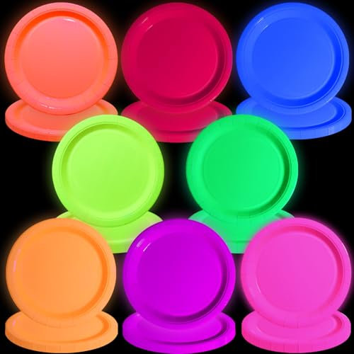 APUXXJUPA 80 Pcs Colorful Neon Party Plates - Glow in The Dark Supplies Neon Birthday Paper Plates for Let's Glow Party Decorations Halloween, 23 x 23 cm