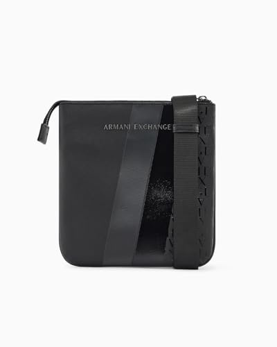 Armani Exchange Men's Dylan, Metal Logo, Two Stripes, Messenger Bag, Black, One size