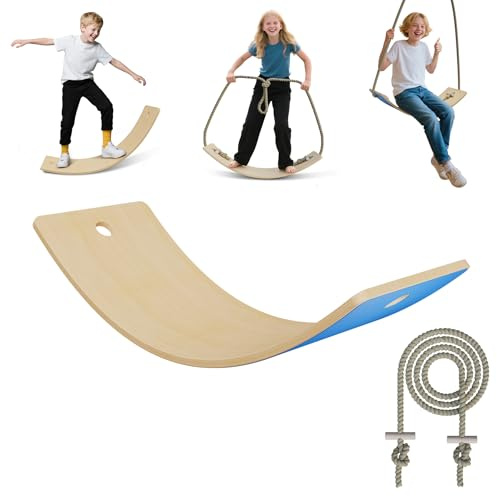 Froadp Balance Board aus Holz mit Extra Langem 3 m Seil | Wackelbrett für Kinder ab 3 Jahren & Erwachsene | Holzspielzeug bis 100kg | 82x30x19cm Balancierbrett mit Rutschfesten EVA-Matten | Blau