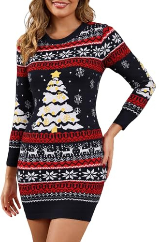 EWIGELIEBE Robe de Noël en tricot pour femme - Élégante et amusante - Pull de Noël long avec imprimé renne/sapin - Tenue de Noël douce pour fête et fête