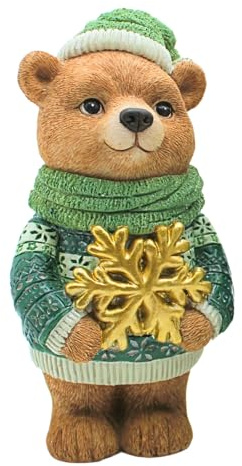 Dekohelden24 Dekobär, Weihnachtsfigur, Figur Bär, Deko-Braunbär, Weihnachtsfigur, Winterfigur mit Schal und Goldener Schneeflocke in der Hand aus Keramik, in grün und braun, L/B/H 10 x 8 x 18cm.