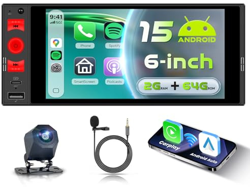 VECHTEL 4G+64G Android 15 Autoradio 1 Din mit Drahtlos Carplay Android Auto, 6'' Incell HD Touchscreen Auto Radio Unterstützung Bluetooth GPS Wi-Fi FM RDS Radio Link Spiegeln USB/Typ-C Rückfahrkamera