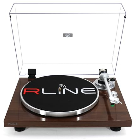 RLINE - Giradischi Vinili Bluetooth Noce Lucido, Lettore Vinili 33 e 45 Giri, Piatto 12 in Alluminio Pressofuso, Cartuccia Magnetica VM-95E, Pre-amplificatore Attivabile, Funzione Anti-Skating