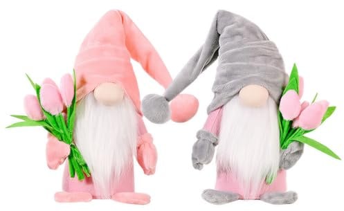 Frühling Wichtel mit Tulpen Blumensträuße, 2 Stück Stehende Niedliche Wichtel mit tulpen Blumensträuße, Ostern Wichtel Puppen, Frühlingdeko Wichtel Figuren für Freundin Mama Hochzeitstag Muttertag