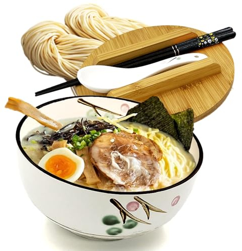 Ramen Schüssel Keramik Bowl Set - Instant Nudeln Schale mit Deckel Essstäbchen Suppenlöffel, Asiatisches Geschirr Pho Suppenschalen Salatschüssel Müslischalen Japanische Noodle Geschirrset (Weiß_02)