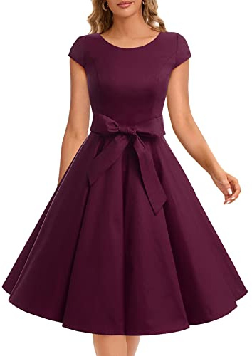 Dressystar Damen Vintage 50er Cap Sleeves Dot Einfarbig Rockabilly Swing Kleider