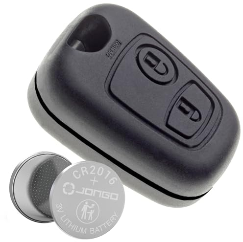 Jongo® Coque de Clé 2 Boutons Compatible Peugeot 107, 307, Citroën C1, C2, C3, Berlingo, Toyota Aygo | avec Pile CR2016 Fournie | sans Lame | Boitier Télécommande