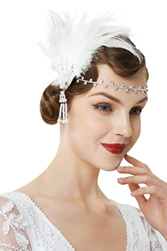 BABEYOND Damen Feder Stirnband 1920s Stil Flapper Art Deco Inspiriert von Great Gatsby Blatt Blinkende Kristalle Haarband (Weiß)