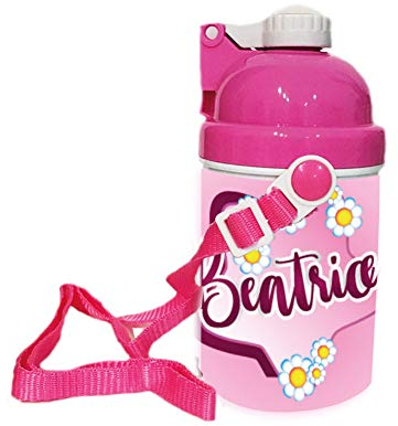 Borraccia acqua per bimbi con tappo sfera 400 ml personalizzabile con Nome Margherite adatto per il tuo bimbo quando va a scuola (Rosa)