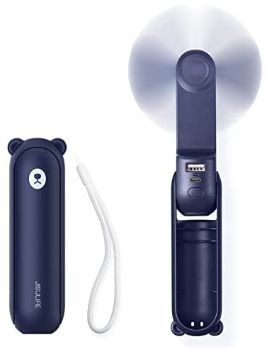 JISULIFE Mini ventilateur portatif, ventilateur à main 3 en 1, ventilateur de poche rechargeable, ventilateur à piles [14-21 heures de travail] avec batterie externe, fonction lampe de poche-bleu