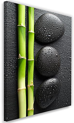 Feeby Vlies Leinwandbild Spa Orient Wellness Kieselstein Zen 60x90 cm Druckbild Wandbild Wanddekoration Deko Wand Aesthetic Stilleben Bambus Wassertröpfchen mehrfarbig