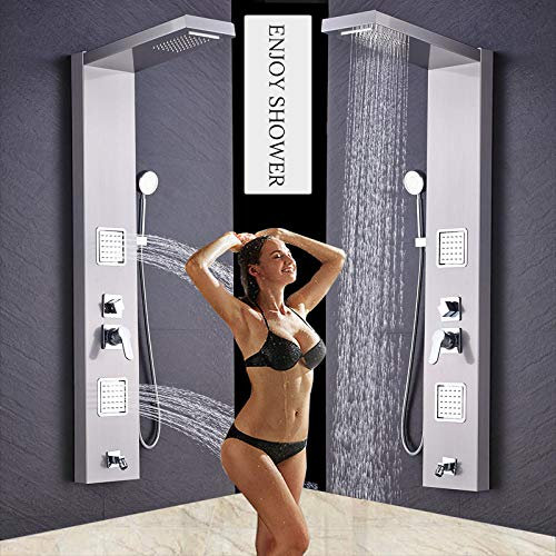 Huin Panneau de douche à effet pluie à 5 fonctions en acier inoxydable nickel brossé avec système de massage, bec de baignoire et colonne de douche à main