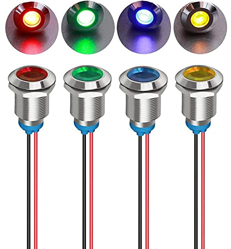 Gebildet 4 Stück 12mm 3V-4.5V-5V-6V-7.5V-9V LED Metall Kontrollleuchte Wasserdichte Signallampe Pilot Dash mit Draht (Rot/Orange/Blau/Grün)