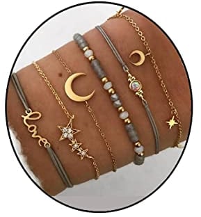 Bufenia Boho Beaded Bracelets Simple String Bracelet Cute Metal Bracelet Chain Star Moon Map Lucky 8 Heart Decoration Stackable Layered Hand Jewelry Accessioes Set for Women (Gold 2)