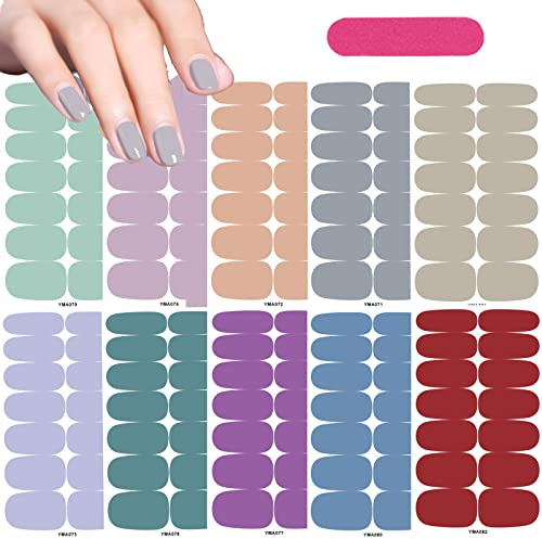 10 Sheets Candy Color Full Nail Polish Stickers, Self-Adhesive Gel Nail Tip Wraps Decals with Nail File for Women Girls Nail Art Decoration (Light Color)