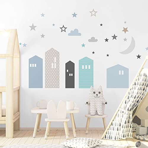 Wandsticker Kinder - Deko Babyzimmer - Wandsticker Kinder - Wandtattoo skandinavisch - Wandsticker Riesen Stadt bei Nacht - H60 x L90 cm