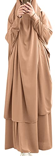 Frauen Jilbab Kleid Muslim Langarm Maxi Gebetsrobe Einfarbig Lose Vollständige Bedeckung Khimar mit Rock für 2-TLG Outfit für Außenbereich Khaki One Size