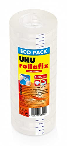 UHU Rollafix - Ruban adhésif, transparent, ne jaunit pas, recharge, lot 8 rouleaux 30 m x 19 mm