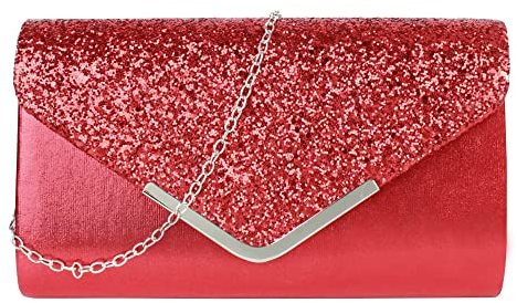 MEGAUK Damen Clutch Glitzer Elegant Abendtasche Glänzend Handtasche Envelope Tasche Strass Unterarmtasche mit Kette für Hochzeit Wedding Prom Party (Mode Rot)