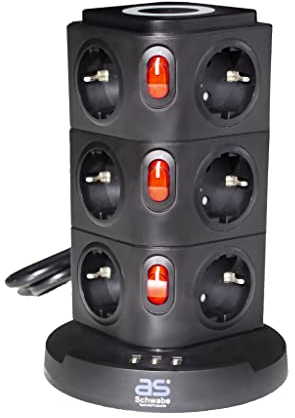 as - Schwabe 12-Fach Mehrfachsteckdose & Induktionsladefläche - 2 m Kabel - Steckdosenwürfel mit 3 USB-Ports - Cube Steckdose - Steckdosenturm, schwarz, 18222