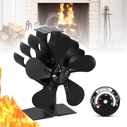 Ailgely Ventilator für Holzofen mit 5 Flügeln, Ventilator für Pelletofen, Kaminventilator mit Thermometer, effizient mit Wärme, leise, Umwelt