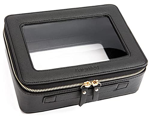 Aveniee Clear Makeup Bag Organizer, Portable Travel Toiletry Cosmetic Bag Case for Women, Heavy Duty Clear Pouch with Zipper with Transparent Vinyl Windows & Gold Zippers(Black)