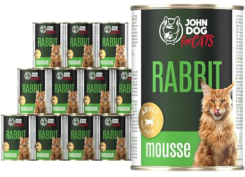 John Dog for Cats Nassfutter für Katzen mit Kaninchen - Monoprotein Katzenfutter Nass ohne Getreide und Zucker - hoher Fleischanteil - Mousse 400g (12er Pack)