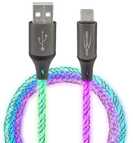 ANSMANN Ladekabel 100 cm USB-A auf USB Typ C mit coolem, pulsierendem LED-Licht/Ruhiger Farbwechsel, ganz ohne störendes Blinken/Echter Hingucker für Gamer, Kfz Innenraum, Schlafzimmer