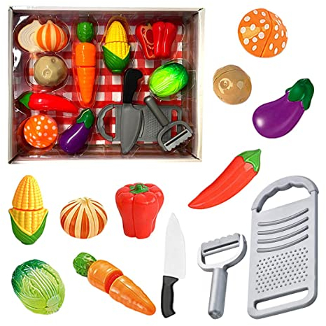 Koolbitz 13 PCs Play Food Set for Children with Serving Tray, Pretend Play Cooking Set, Role-Play Food Cutting Toy with Fruit & Veggies for Kitchen Accessories Gift for Children Ages 3+