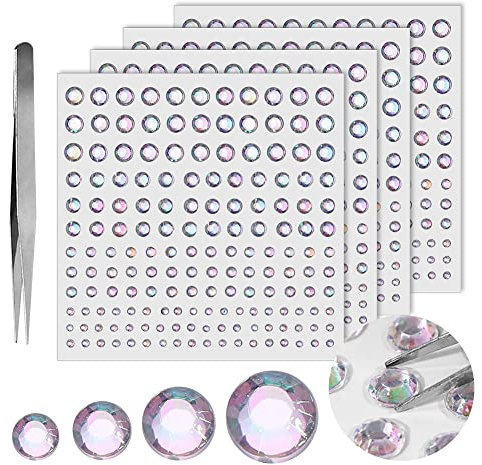 Glitzersteine Selbstklebend, Glitzersteine zum Basteln Acryl Strasssteine Selbstklebende 4 Blatt Strass Aufkleber mit Pinzette, Schmucksteine Strasssteine zum Aufkleben für Gesicht Nägel DIY 3-6 mm