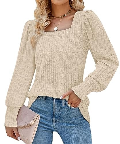 Aokosor Womens Long Sleeve Tops Ladies Square Neck Jumpers Puff Sleeves Sweatshirts Beige Size 14-16