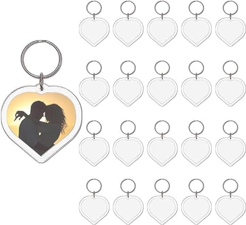 Basicon Schlüsselanhänger für Foto, 20PCS Acryl Foto Schlüsselanhänger mit Schlüsselring Transparent Bild Fotoschlüsselanhanger Leere Foto Schlüsselring zum Basteln Geschenk für Familie Freunde, Herz