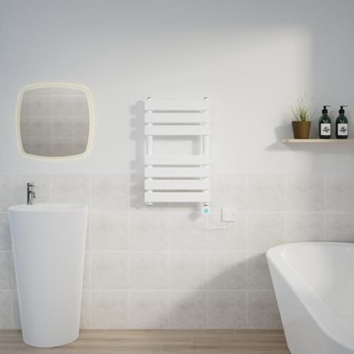Warmehaus 650x400mm White Designer Flat Panel Electric Heated Towel Rail Thermostatic Timer Bathroom Towel Radiator 400W