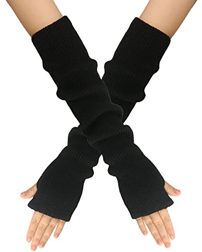 Golden Apple Damen Mädchen Strickhandschuhe Kaschmir-Mischung Lange Armstulpen Ellenbogenwärmer Fingerlose Fäustlinge mit Daumenloch, Schwarz , 6.875