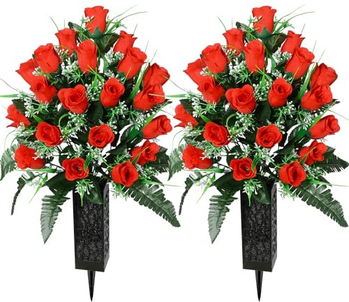 Kukooka Artificial Cemetery Flowers for Grave, Artificial Rose Memorial Flowers with Vase for Cemetery Headstones Gravesites Decoration Long-Lasting Remembrance (Red)