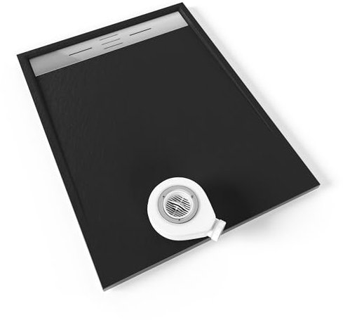 Moments of Glass SMC Duschwanne HIEMAL 90x120 cm Schwarz RAL7021 extra flache robuste Duschtasse aus langlebigem SMC, ANTI-Rutsch-Oberfläche in Schieferoptik inkl. Ablaufgarnitur mit Edelstahl Deckel