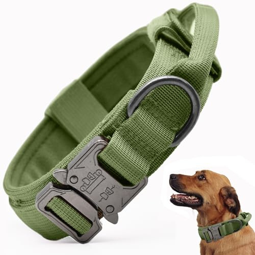Taktisches Hundehalsband, Verstellbares Militärtraining, Nylon-Hundehalsband mit Kontrollgriff und schwerer Schnellverschluss-Metallschnalle für kleine, mittelgroße und große Hunde, Grün XXL