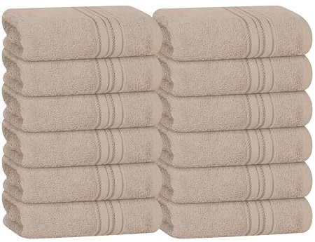 BOUTIQUO Gants de toilette en coton ultra doux, contient 12 gants de toilette pour le visage de 30,5 x 30,5 cm, parfaits pour un usage quotidien, débarbouillettes compactes et légères – Marron clair