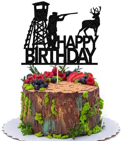 FmiyunEea Hunting Theme Birthday Cake Topper,Tree Stand and Deer Design Black Glitter (hunt)